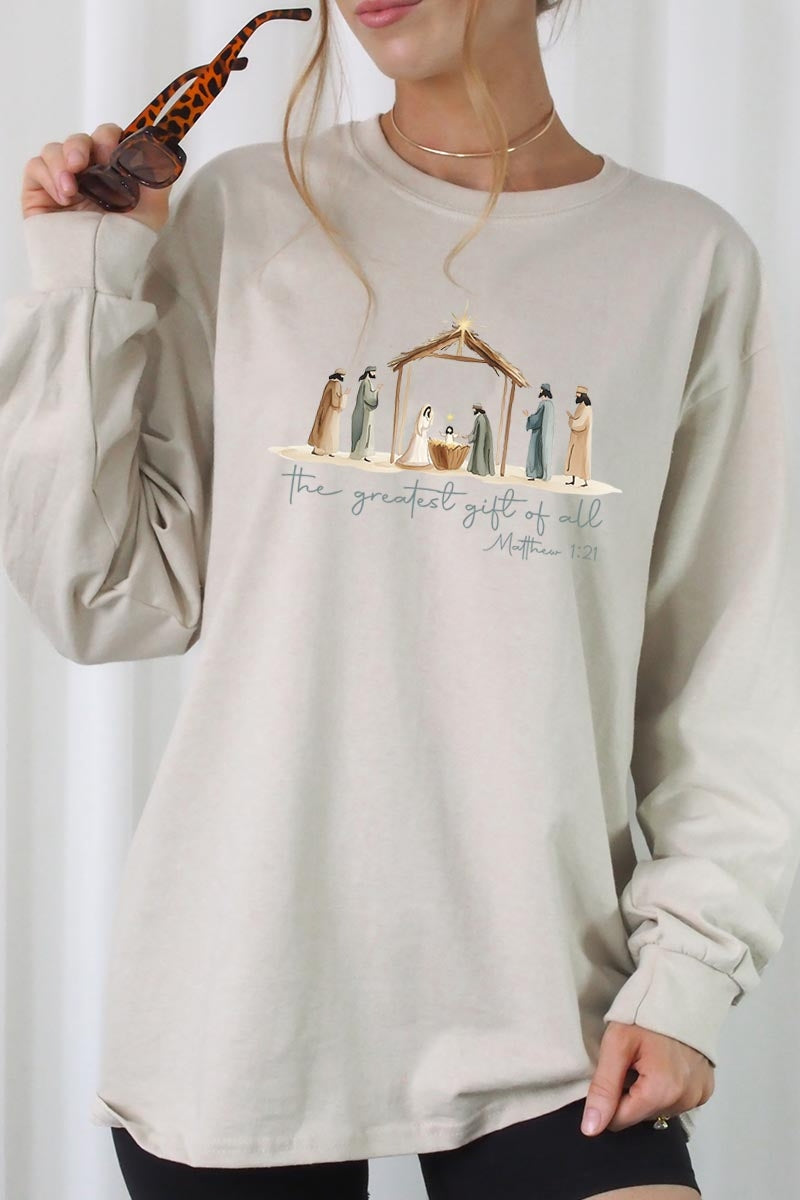 UL240-E3183 Nativity Gift Graphic Long Sleeve Tee $13.75