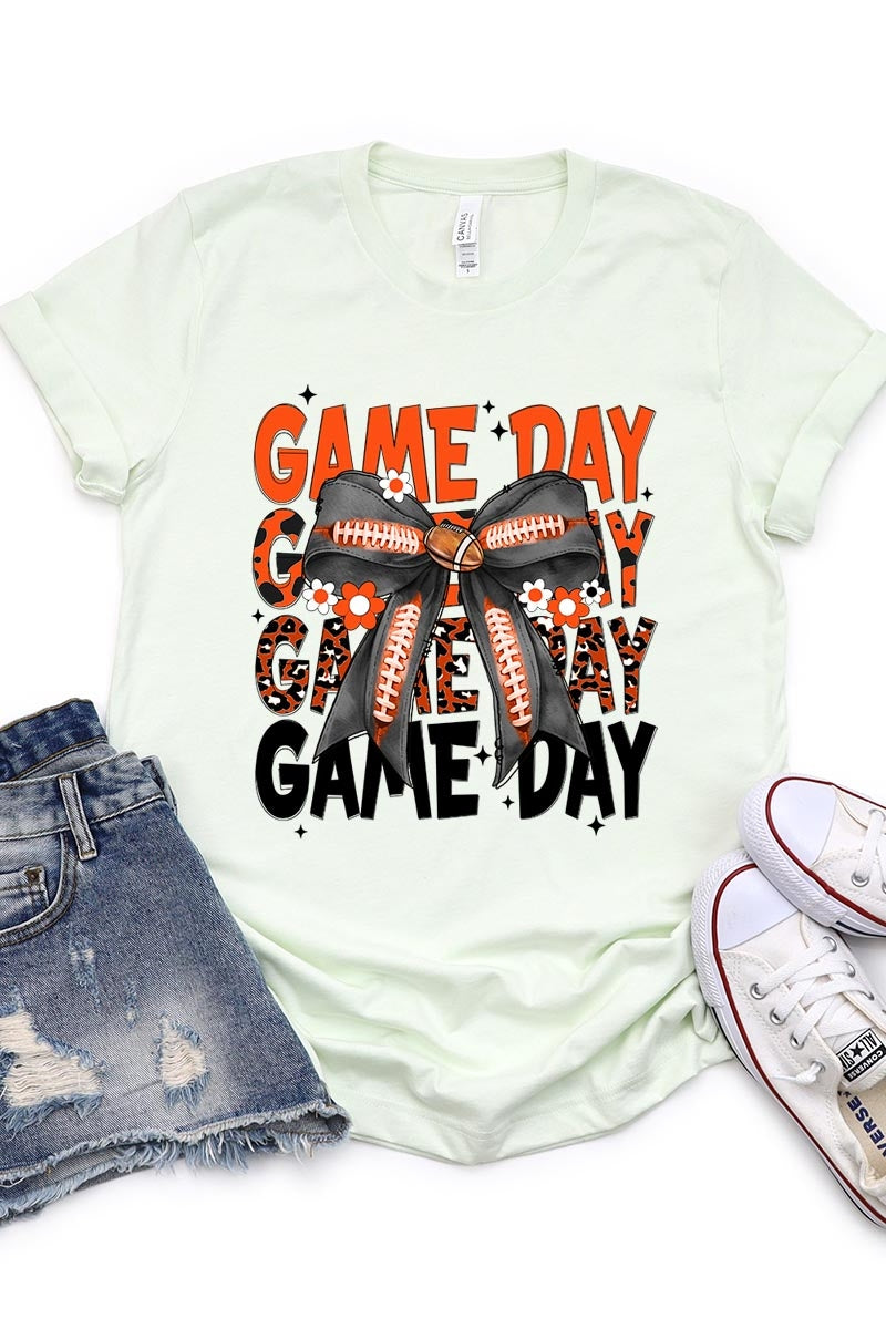 US3001P-E3088 Orange Black Football Game Day Bow Plus Tee $16