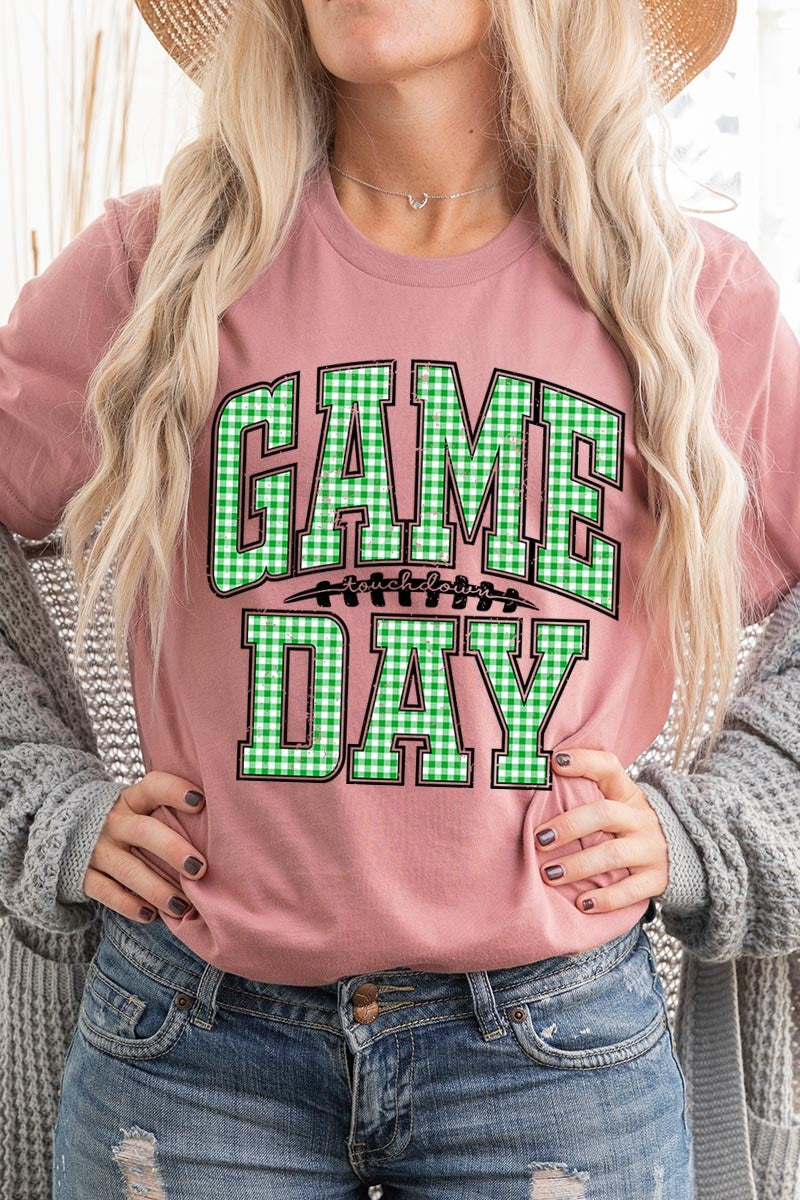 US3001P-E3128 Green Gingham Game Day Graphic Plus Tee $16