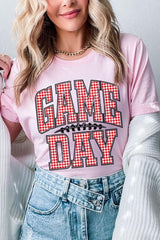 US3001-E3126 Red Gingham Game Day Graphic Tee $12.5