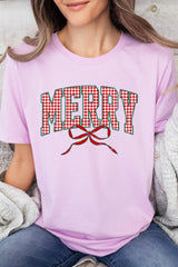 US3001P-E3206 Plaid Merry Christmas Bow Graphic Plus Tee $16