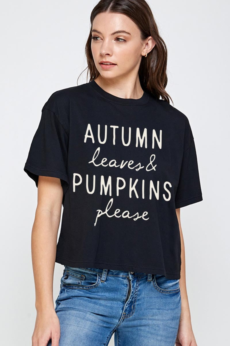 CTS-E3158 Autumn Leaves Pumpkins Graphic Relaxed Crop Top $11
