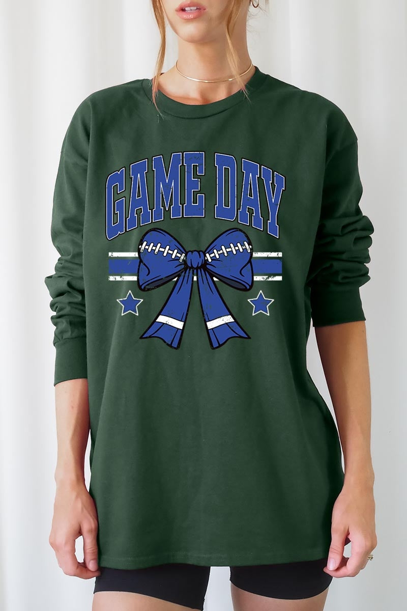 UL240-E3065 Blue Game Day Football Bow Graphic Long Sleeve Tee $13.75