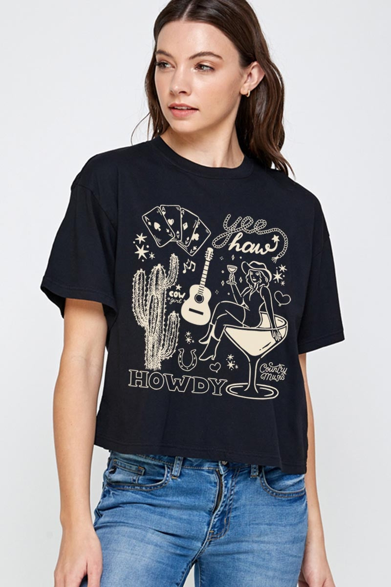 CTS-E3097 Cowgirl Country Music Graphic Relaxed Crop Top $11