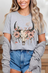 US3001-E3113 Western Skull Floral Graphic Tee $12.5