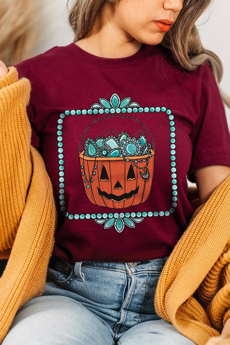 US3001-E3140 Halloween turquoise pumpkin Graphic Tee $12.5