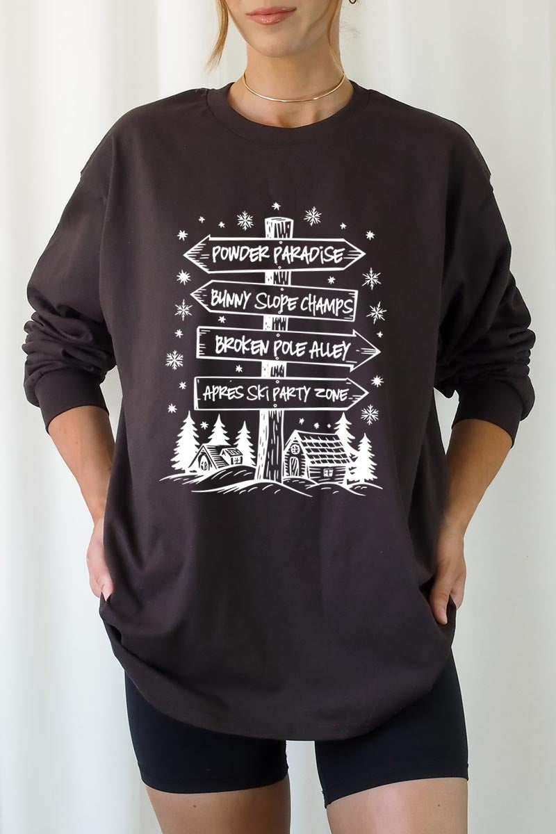 UL240-E3189 Ski Lodge Signs Graphic Long Sleeve Tee $13.75