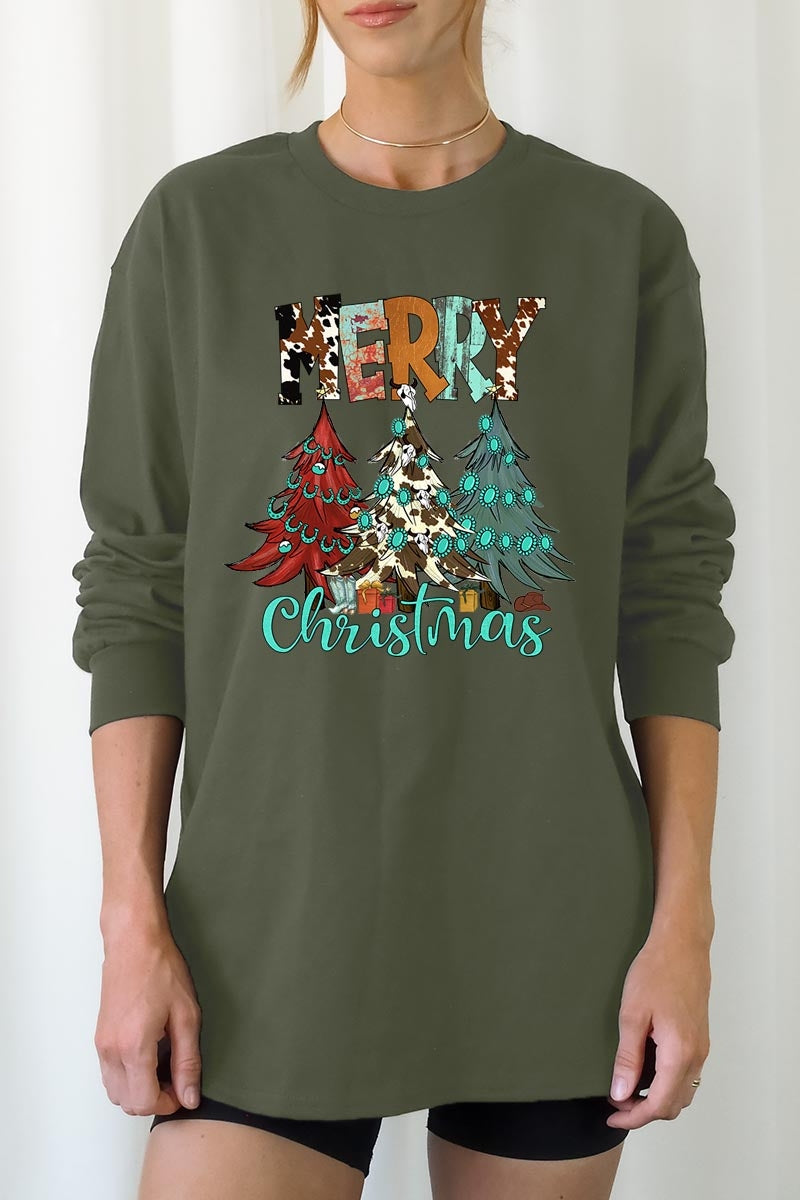 UL240-E3200 Merry Christmas Trees Graphic Long Sleeve Tee $13.75