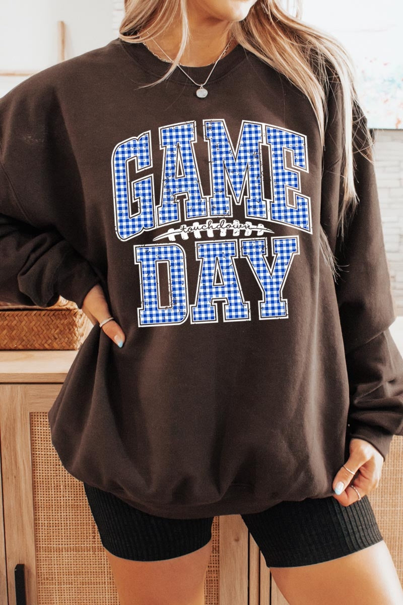 UL180P-E3130 Blue Gingham Game Day Graphic Plus Sweatshirt $25
