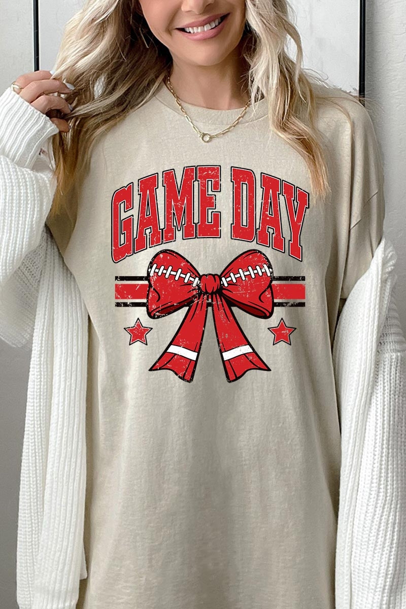 5000-E3062 Red Game Day Football Bow Graphic Heavy Cotton Tee $9