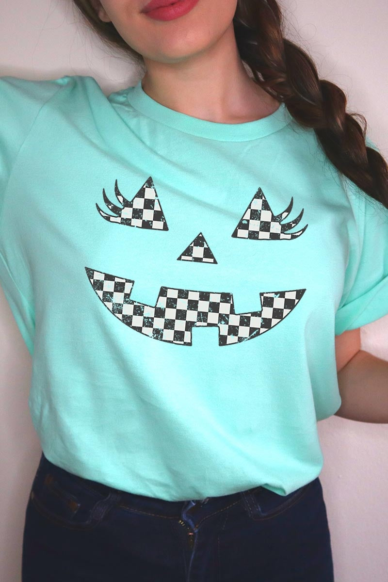 US3001-E3149 Checker Pumpkin Face Graphic Tee $12.5