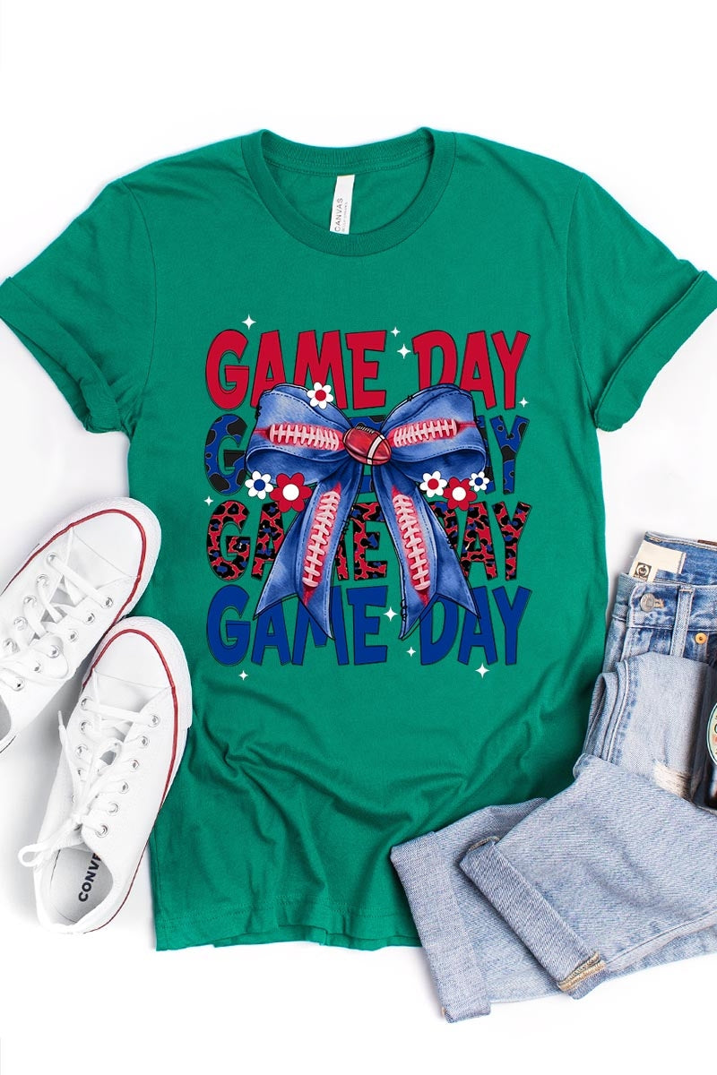 US3001P-E3087 Red Blue Football Game Day Bow Graphic Plus Tee $16