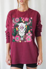 UL240-E3086 Western Floral Cow Skull Graphic Long Sleeve Tee $13.75