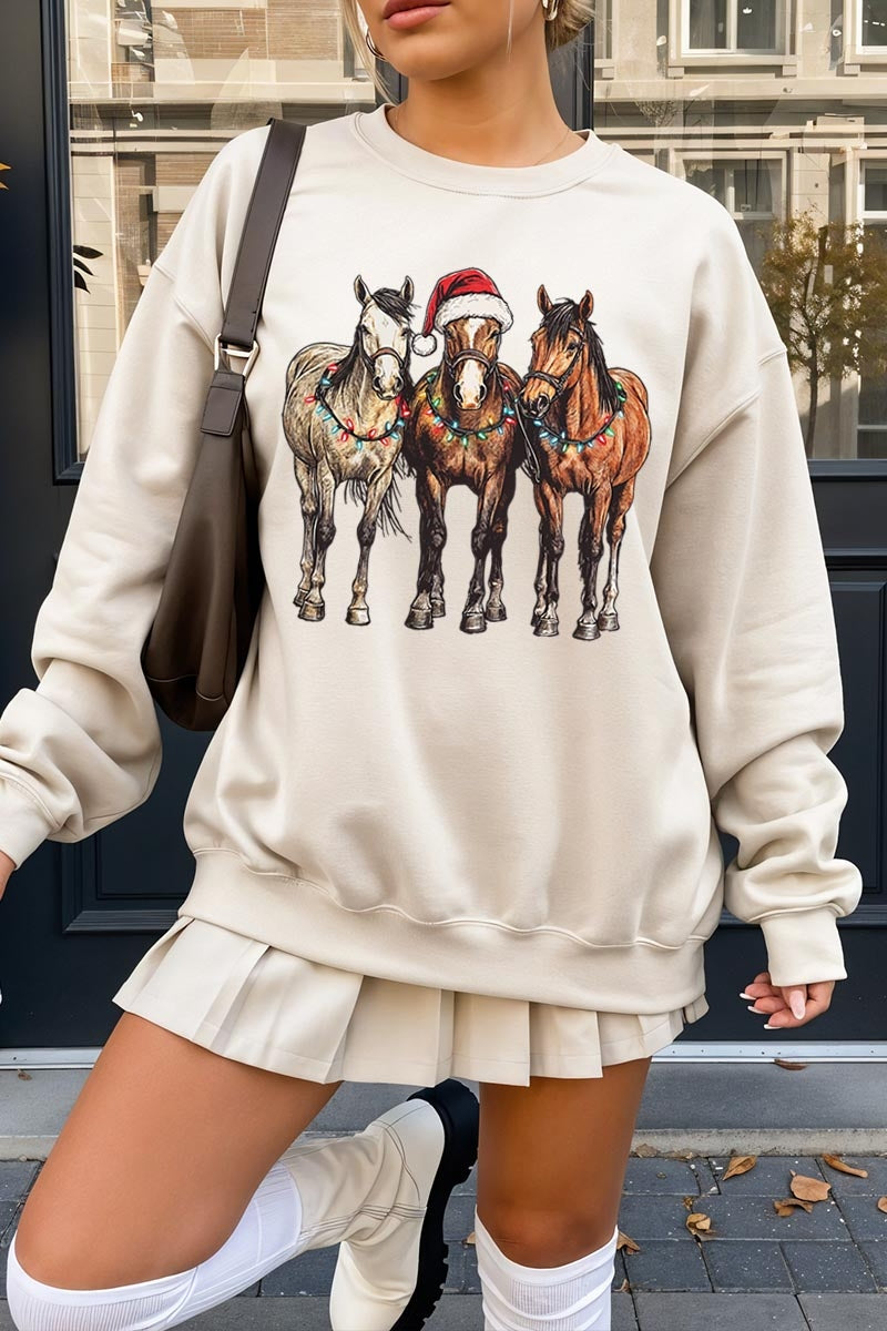 UL180-E3182 Christmas Horses Graphic Sweatshirt $20