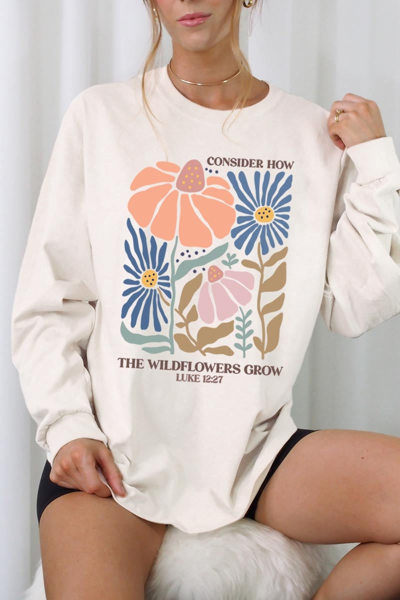 UL240-E3067 Consider the Wildflowers Graphic Long Sleeve Tee $13.75