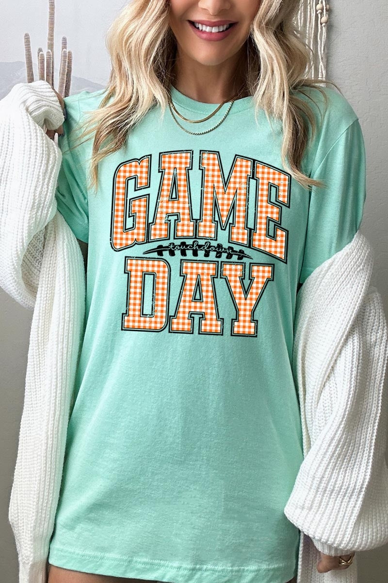 US3001-E3129 Orange Gingham Game Day Graphic Tee $12.5