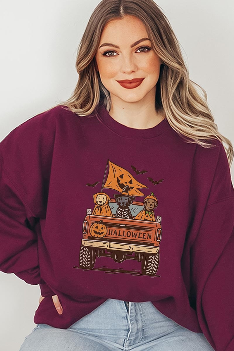 UL180P-E3150 Halloween Truck Dogs Graphic Plus Sweatshirt $25