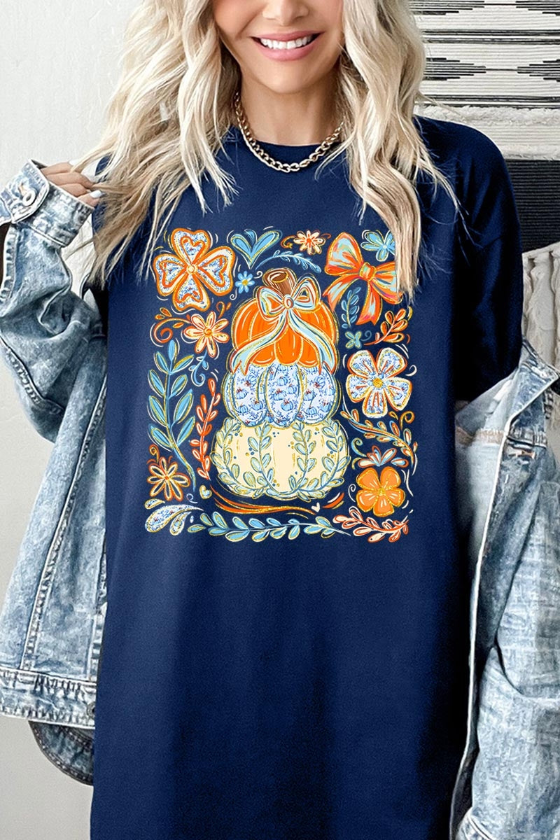 5000P-E3153 Floral Pumpkin Stack Graphic Plus Heavy Cotton Tee $12.75