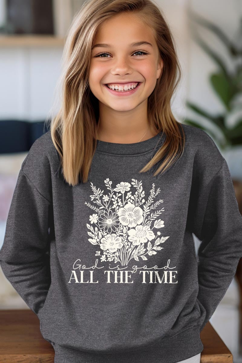 UL180B-E3116Z God Is Good Floral Kids Graphic Sweatshirt $20
