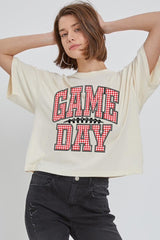 CTS-E3126 Red Gingham Game Day Graphic Relaxed Crop Top $11