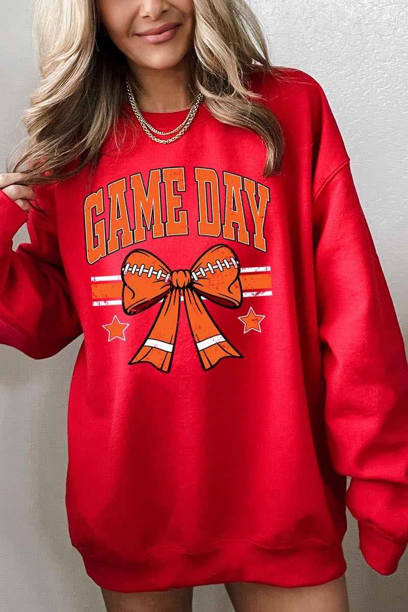 UL180-E3064 Orange Game Day Football Bow Graphic Sweatshirt $20