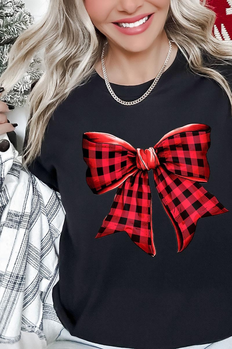 US3001-E3198 Red Buffalo Plaid Bow Graphic Tee $12.5