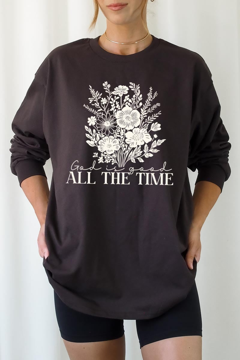 UL240-E3116 God Is Good Floral Graphic Long Sleeve Tee $13.75