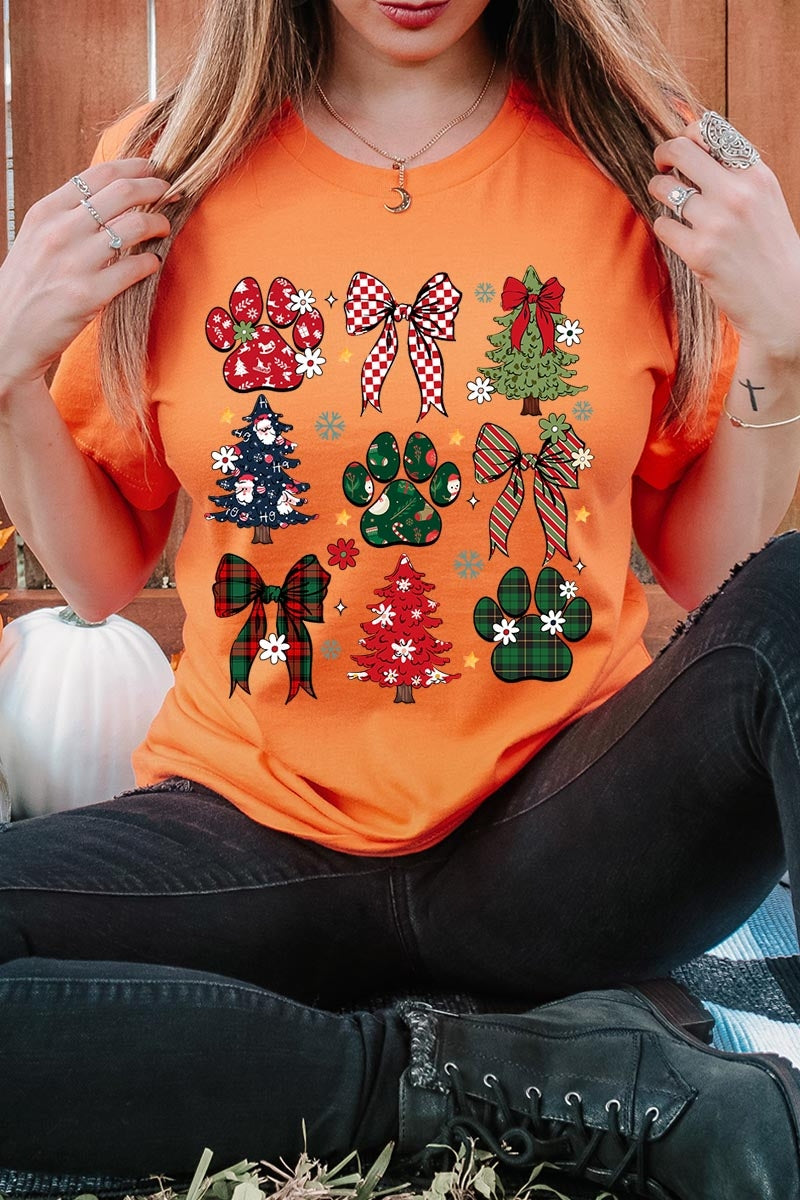 US3001-E3195 Christmas Bow Paw Graphic Tee $12.5