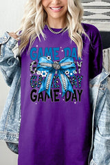 5000P-E3089 Blue Silver Football Bow Plus Heavy Cotton Tee $12.75