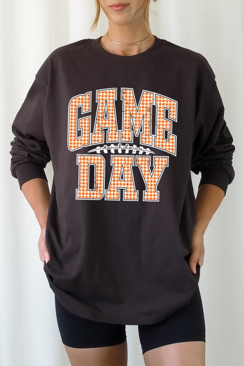 UL240-E3129 Orange Gingham Game Day Graphic Long Sleeve Tee $13.75