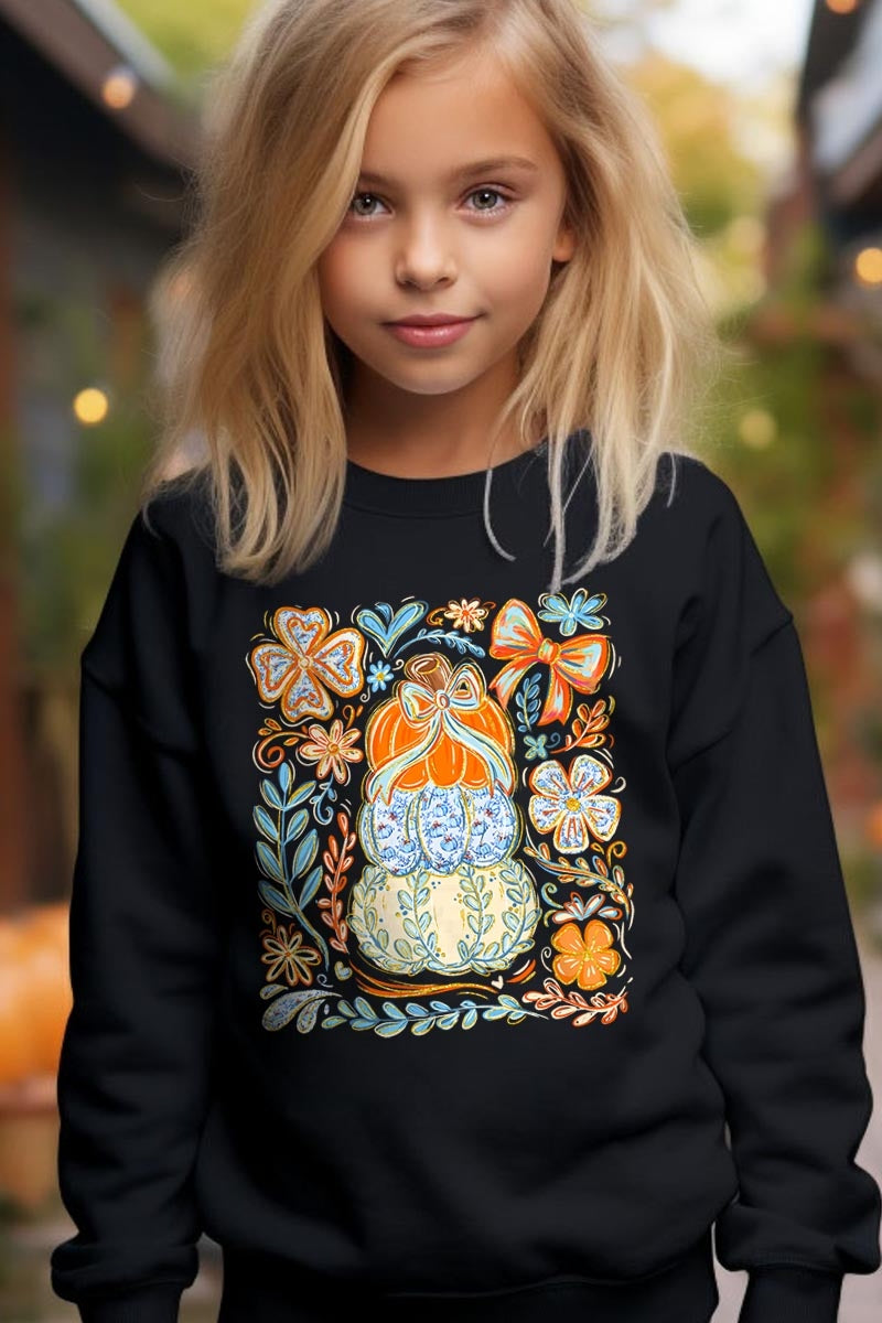 UL180B-E3153Z Floral Pumpkin Stack Kids Graphic Sweatshirt $20