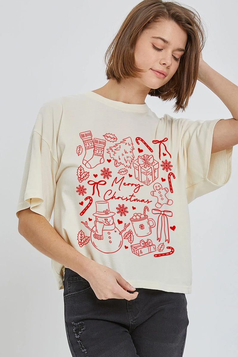 CTS-E3181 Christmas Doodle Graphic Relaxed Crop Top $11