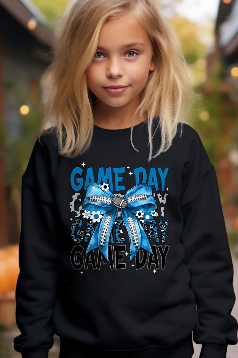 UL180B-E3089Z Blue Silver Football Game Day Bow Kids Sweatshirt $20