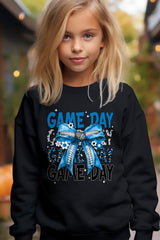 UL180B-E3089Z Blue Silver Football Game Day Bow Kids Sweatshirt $20