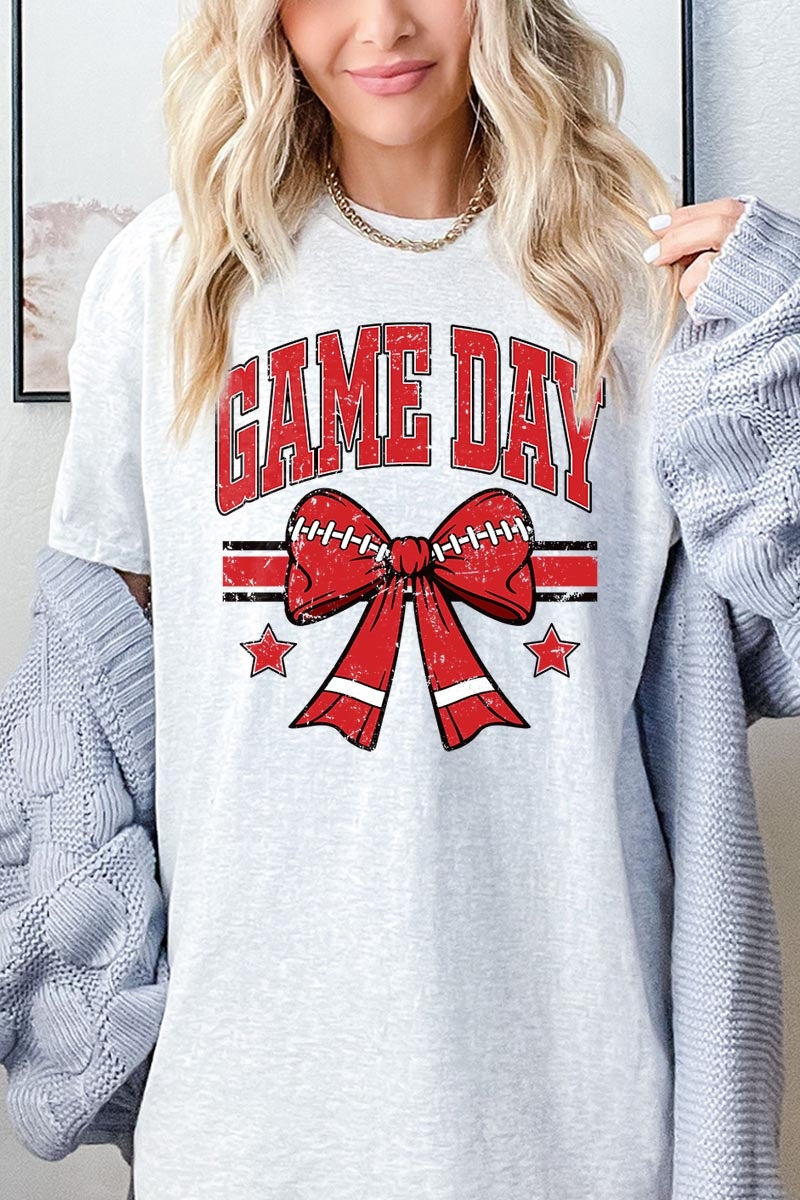 5000-E3062 Red Game Day Football Bow Graphic Heavy Cotton Tee $9