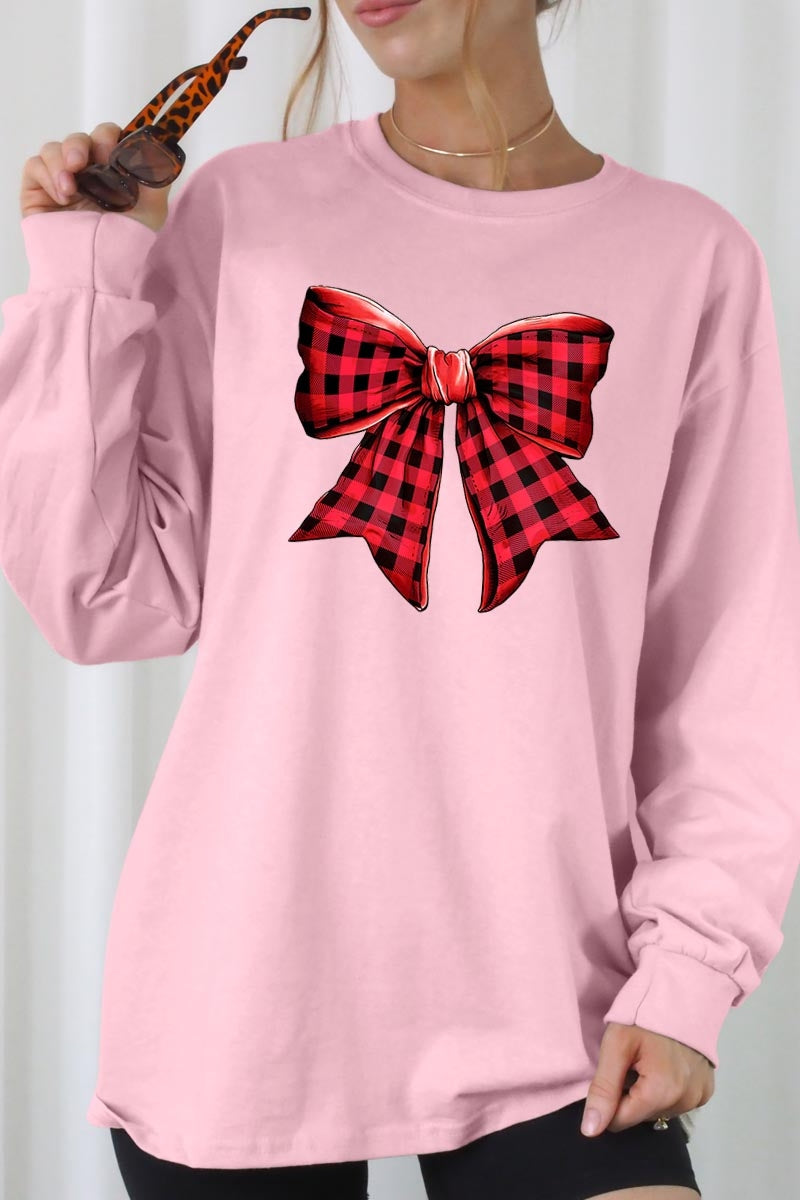 UL240-E3198 Red Buffalo Plaid Bow Graphic Long Sleeve Tee $13.75