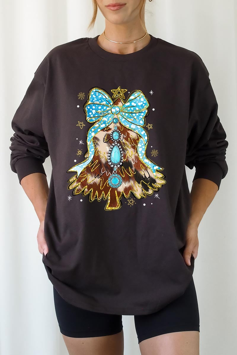 UL240-E3184 Turquoise Christmas Tree Graphic Long Sleeve Tee $13.75