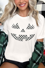 US3001-E3149 Checker Pumpkin Face Graphic Tee $12.5