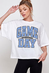 CTS-E3130 Blue Gingham Game Day Graphic Relaxed Crop Top $11