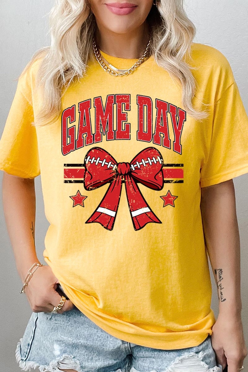 5000-E3062 Red Game Day Football Bow Graphic Heavy Cotton Tee $9