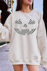 UL180P-E3149 Checker Pumpkin Face Graphic Plus Sweatshirt $25