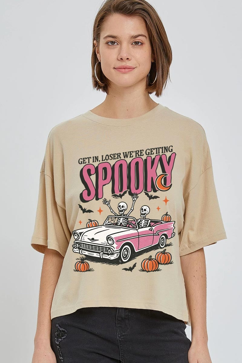 CTS-E3142 Spooky Skeleton Graphic Relaxed Crop Top $11