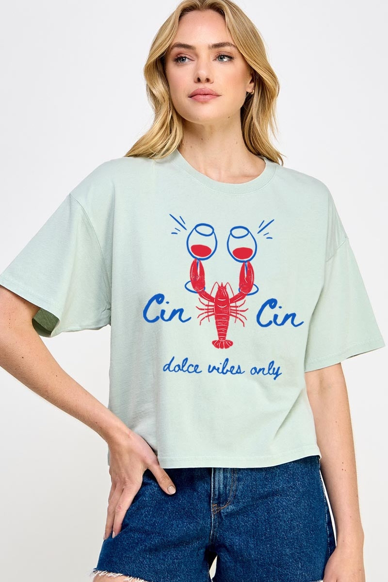CTS-E3069 Cin Cin Lobster Graphic Relaxed Crop Top $11