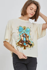 CTS-E3184 Turquoise Christmas Tree Graphic Relaxed Crop Top $11