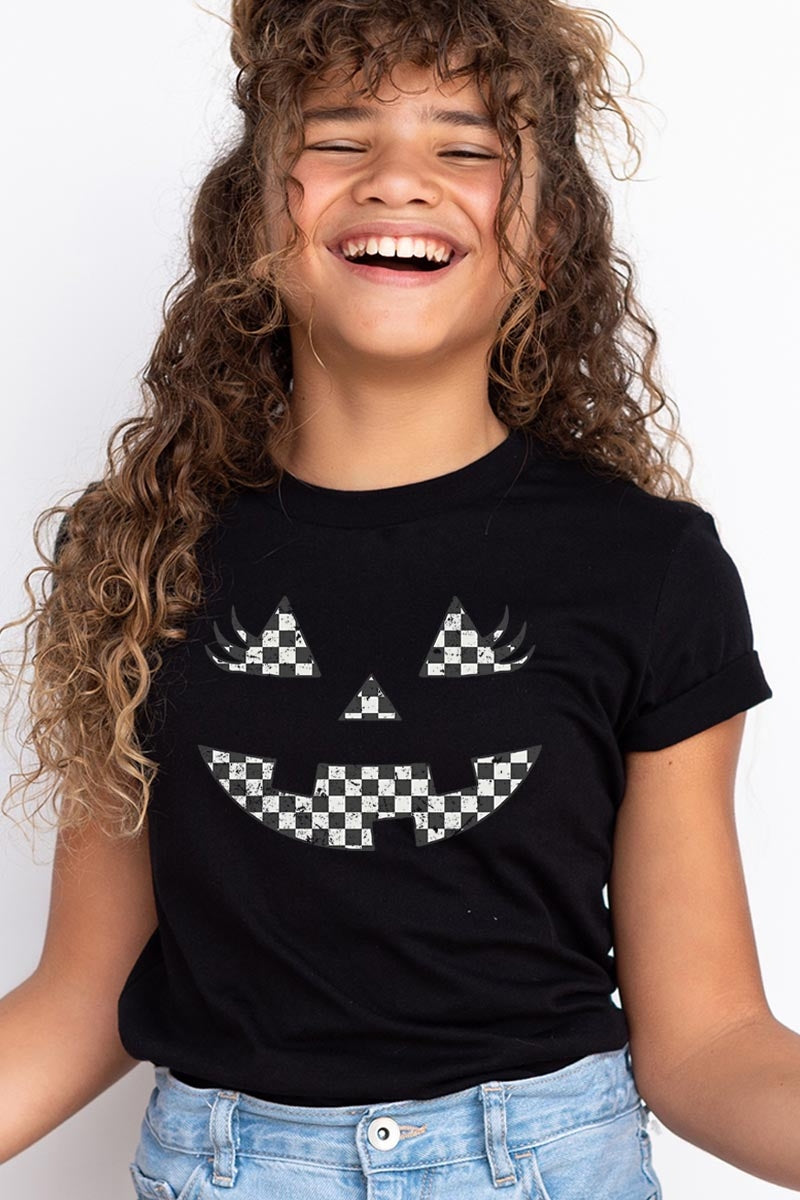 US3001Y-E3149Z Checker Pumpkin Face Kids Graphic Tee $11