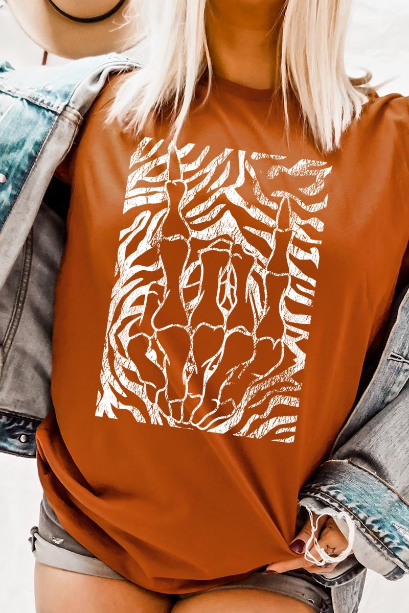 US3001-E3177 Skeleton Hands Zebra Graphic Tee $12.5