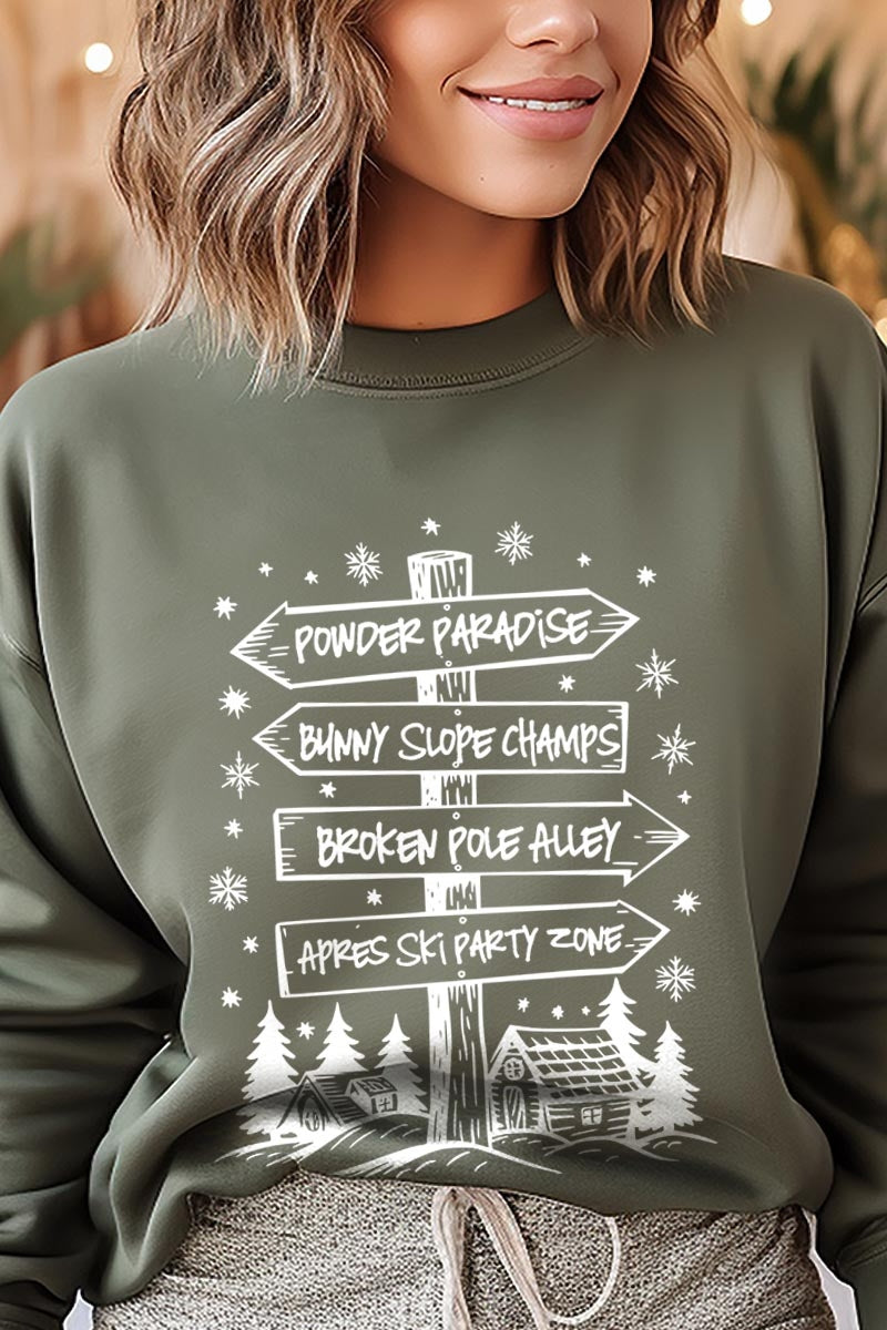 UL180P-E3189 Ski Lodge Signs Graphic Plus Sweatshirt $25