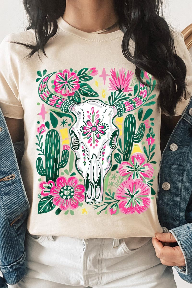 US3001-E3086 Western Floral Cow Skull Graphic Tee $12.5