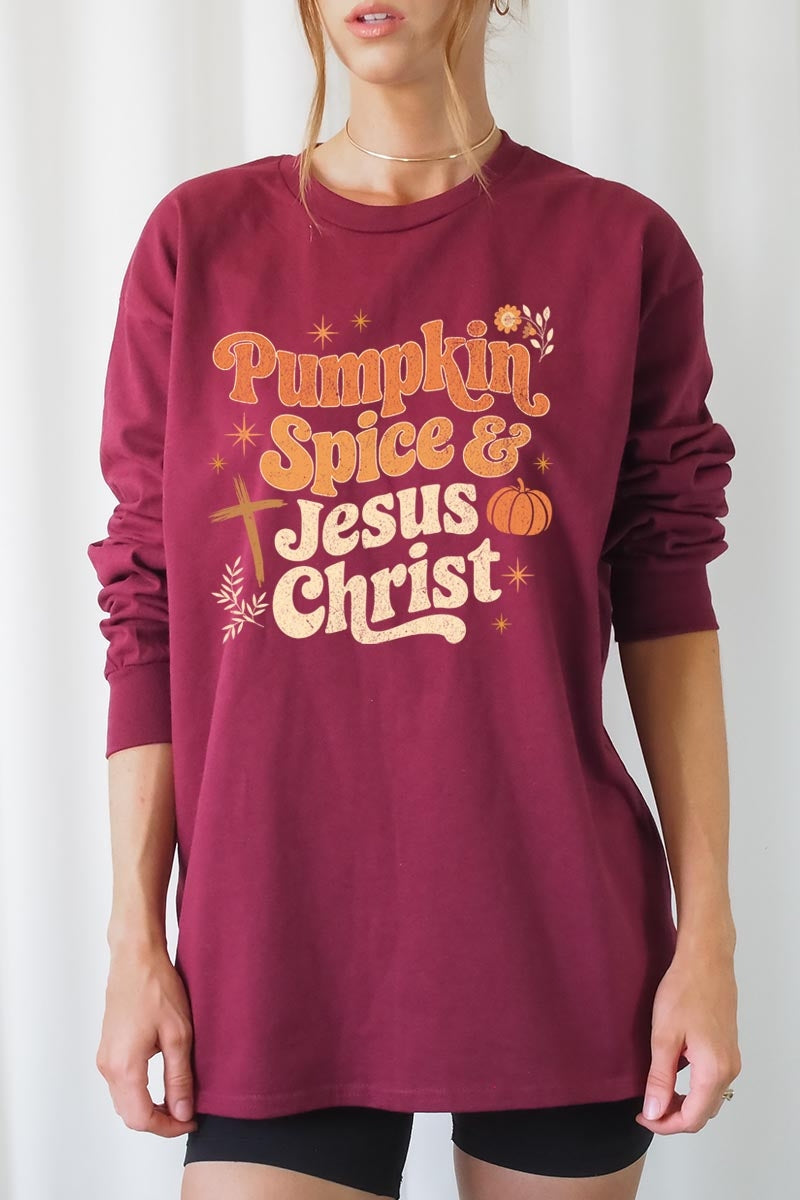 UL240-E3164 Pumpkin Spice & Jesus Graphic Long Sleeve Tee $13.75