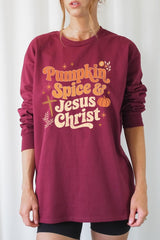 UL240-E3164 Pumpkin Spice & Jesus Graphic Long Sleeve Tee $13.75